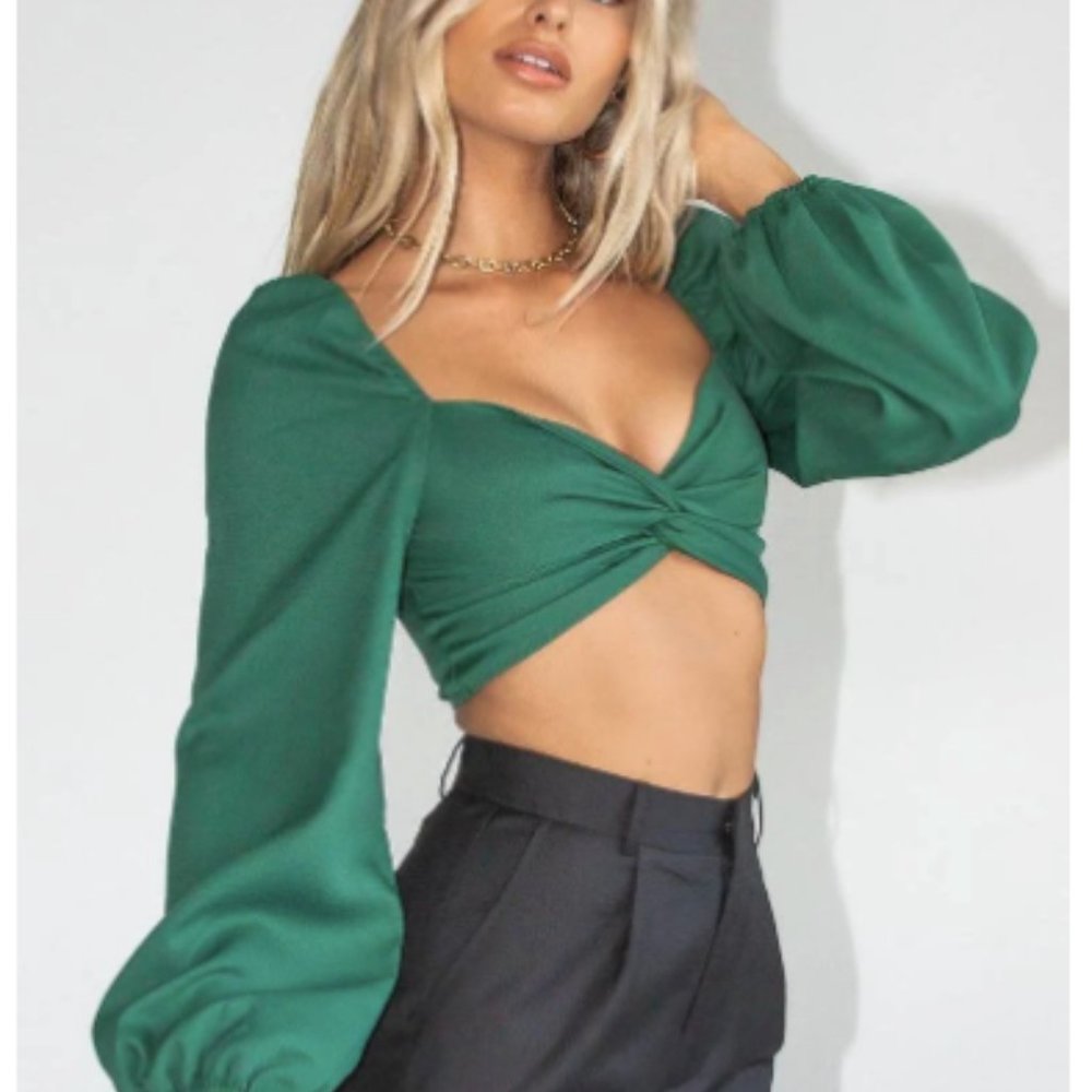NWT - Princess Polly Carson Green Long Sleeve Crop Top - Size 0